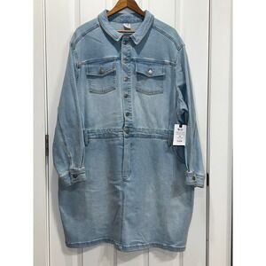 NEW Terra & Sky Womens 2X Light Wash Denim Mini Utility Dress Long Sleeve